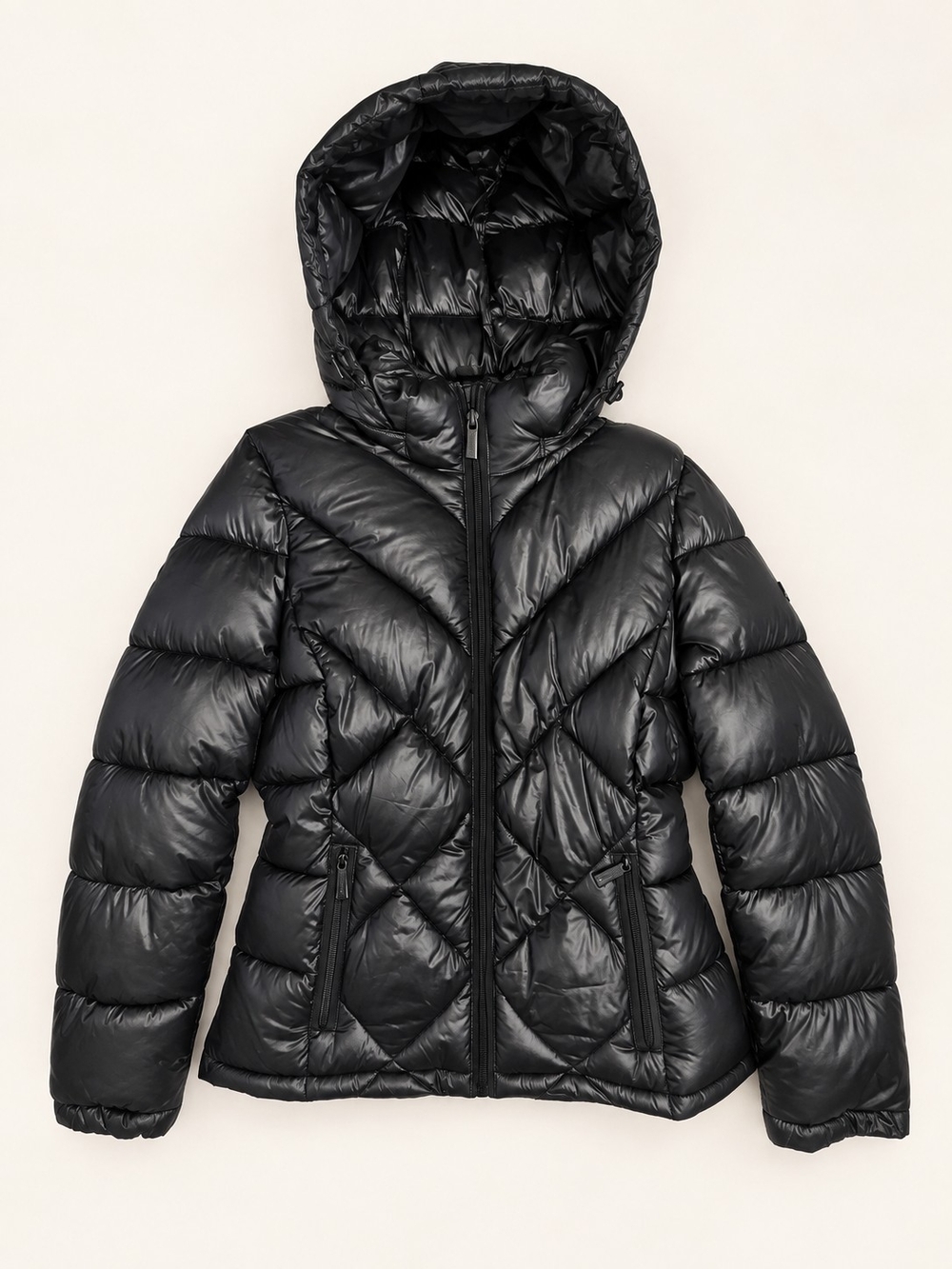 Calvin Klein Black Chevron Quilted Sorona Aura Hooded Puffer Jacket Size Medium